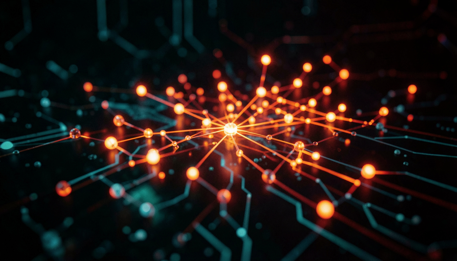 Abstract visualization of interconnected microservice nodes glowing in warm orange and cool teal against a dark technical background