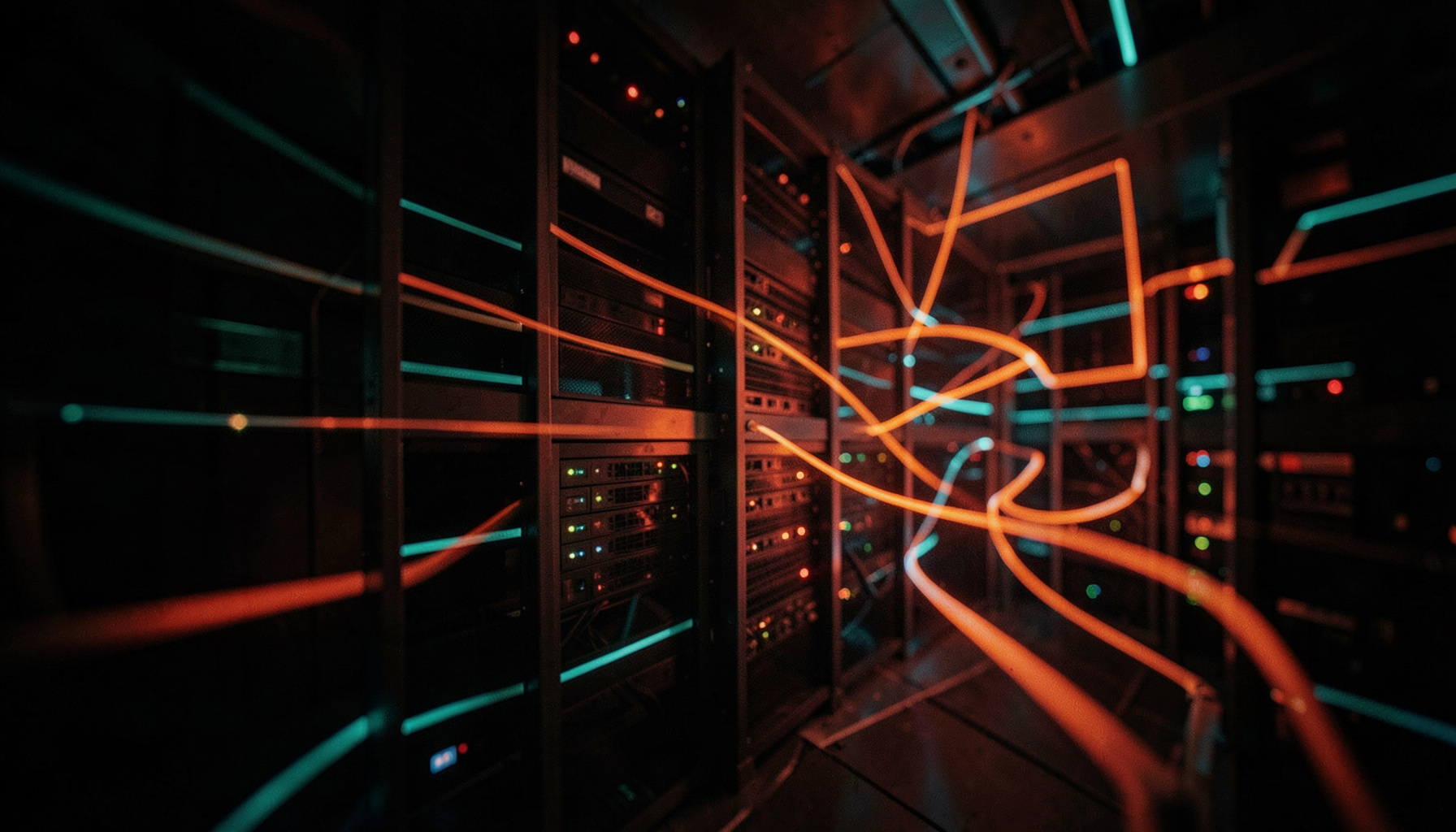Dark abstract server infrastructure with soft orange and teal light trails weaving through layered geometric patterns