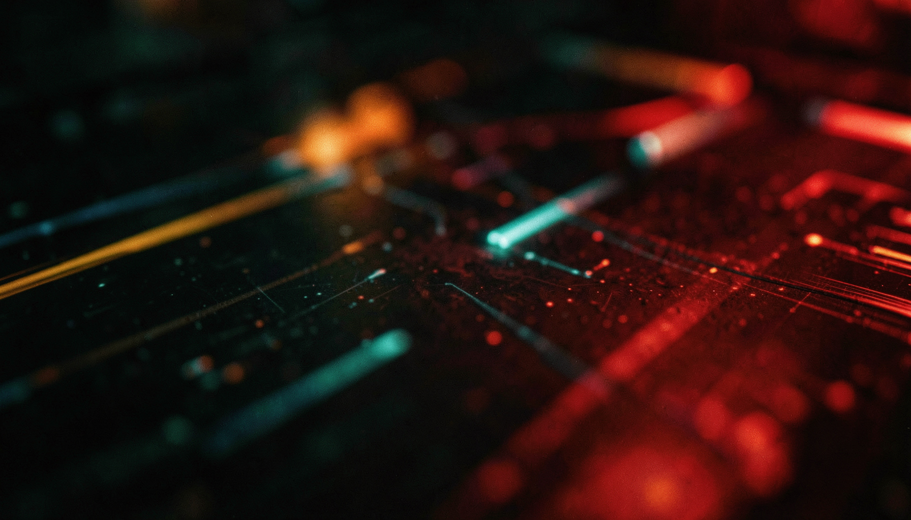 Dark abstract technology surface with soft orange and teal light streaks, wide cinematic frame with shallow depth of field
