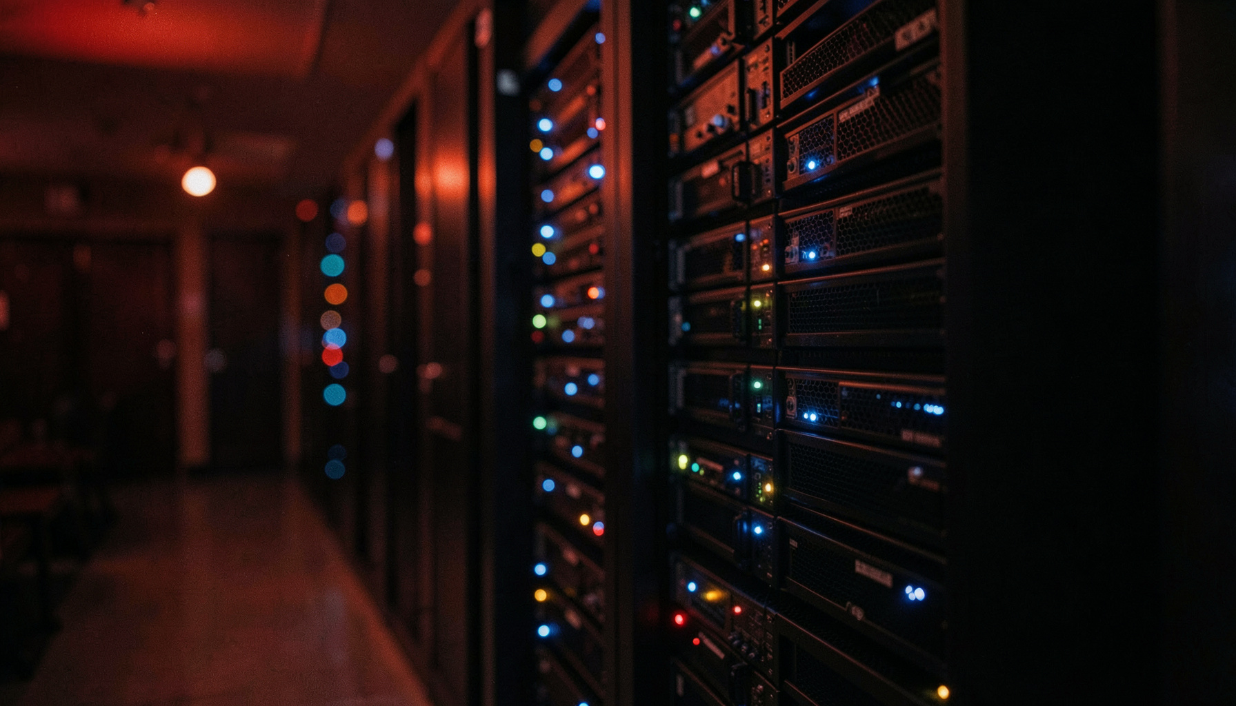 A dimly lit server room with rows of rack-mounted equipment, cool blue and amber indicator lights glowing softly