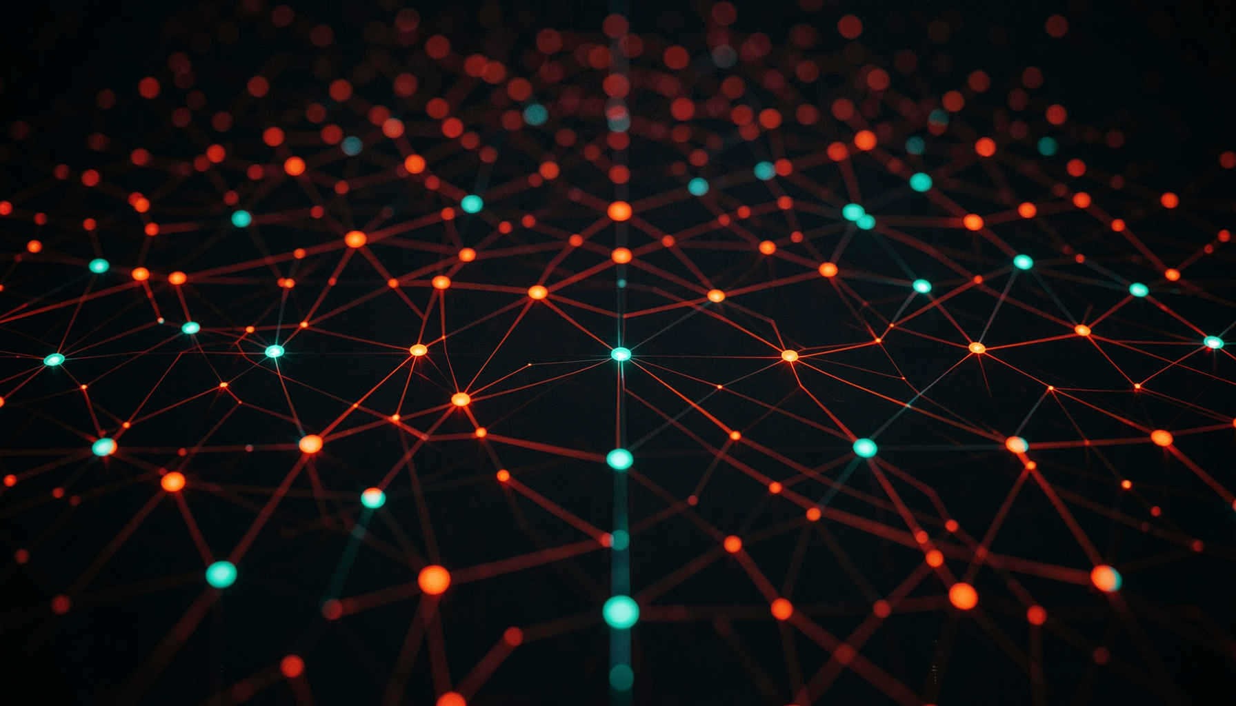 Dark abstract grid of glowing orange and teal nodes connected by fine lines, suggesting a digital infrastructure network